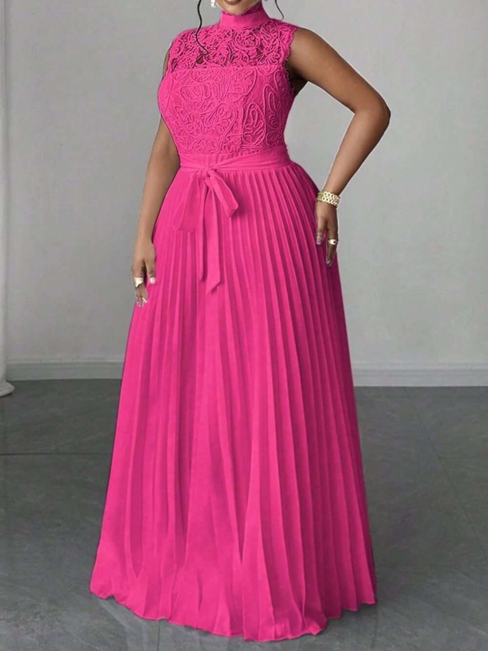 Hot Pink Elegant Women's Plus Size Lace Pleated Waist Sleeveless Dress - Picture 4 of 7